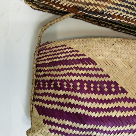 𝅺70S vintage woven straw natural & BLACK satchel shoulder bag - Picture 2 of 4